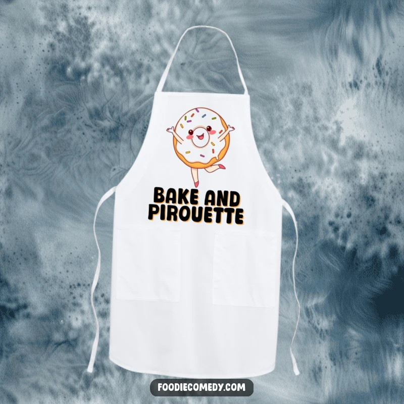 Funny ballet donut chef apron with a cheerful, sprinkled donut performing a pirouette, bringing sweet humor to cooking.