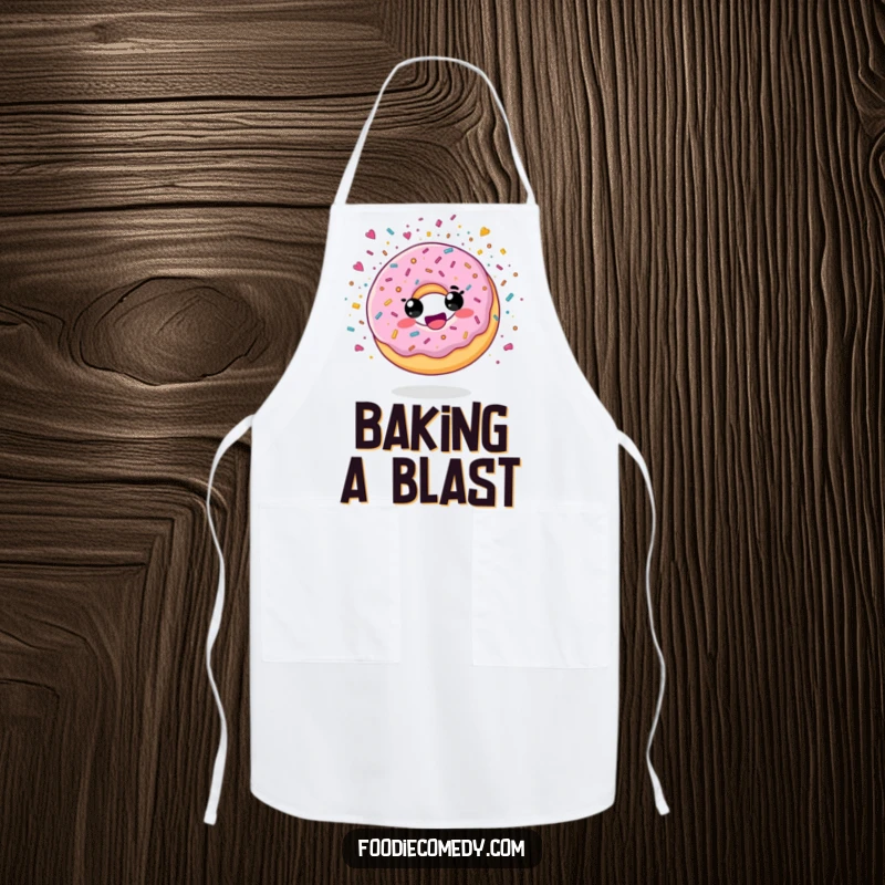 Funny apron with a delighted donut character exploding in sugary confetti, perfect for joyful baking sessions.