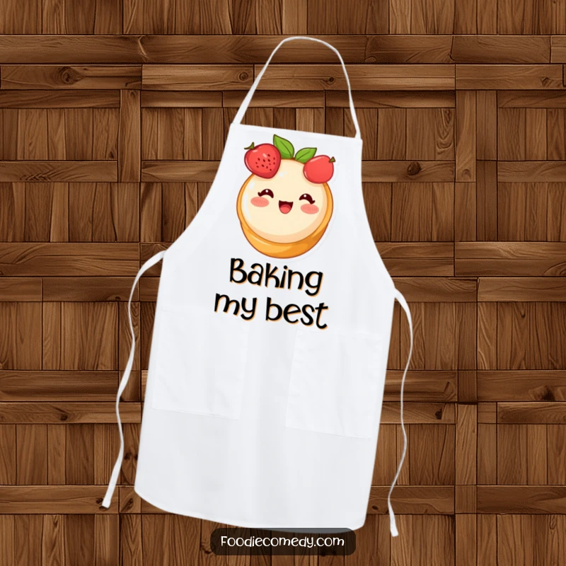 Funny fruit tart apron, a cute dessert character blushing with delight, perfect for sweet kitchen creations.