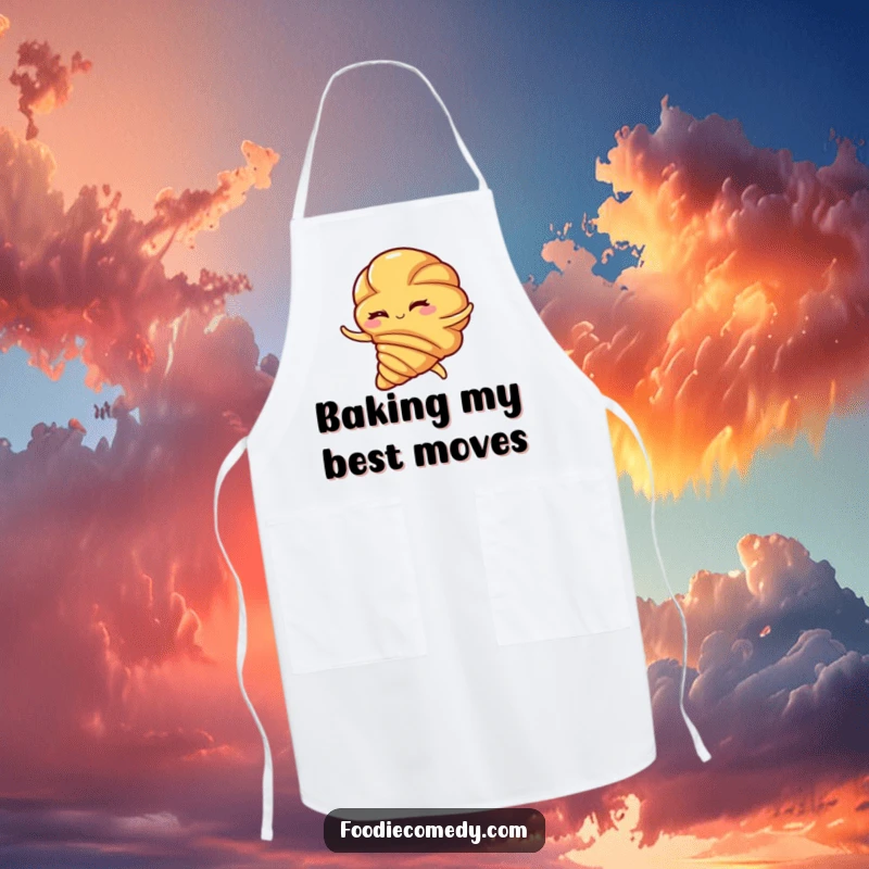 Funny croissant apron, a winking pastry performing a passionate flamenco swirl, adding comedic charm to kitchen duties.