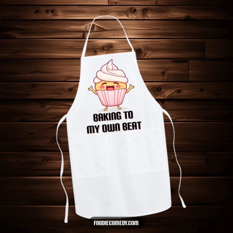 Funny laughing cupcake apron graphic of a cheerful cupcake with frosting, hopping energetically while baking, bringing joy.