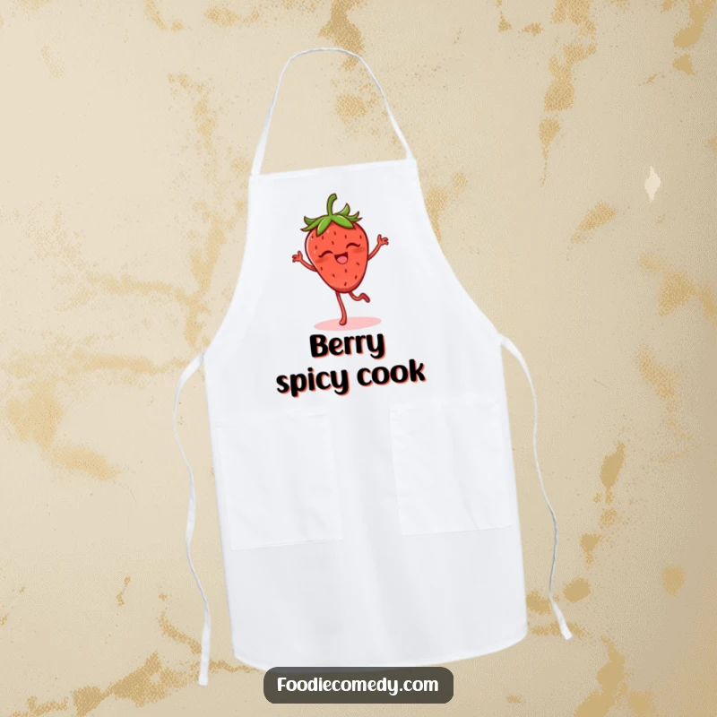 Funny strawberry apron showing a giggling strawberry with legs doing a lively flamenco step, ideal for kitchen humor.