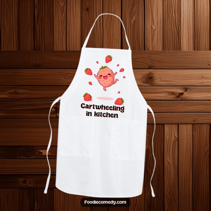 Funny Strawberry Apron: A kitchen apron showing a happy strawberry doing a cartwheel, bringing cheer to cooking and baking tasks.