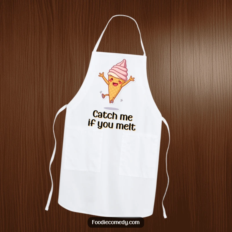 Funny Ice Cream Cartwheel Apron: An ice cream cone cartwheeling makes this a humorous and practical kitchen accessory.