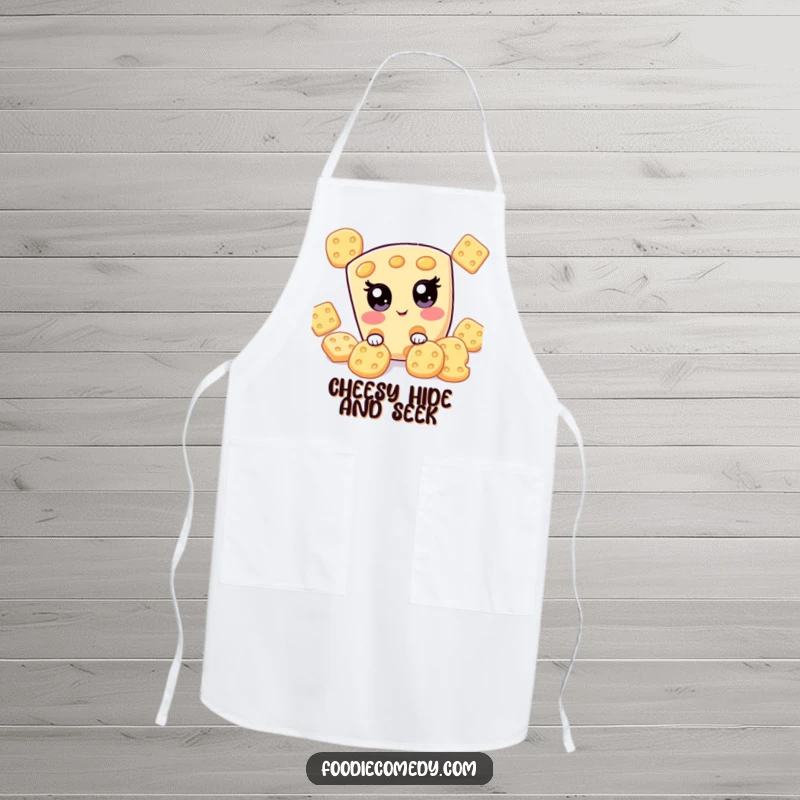 Funny kawaii cheese slice playing hide-and-seek on this kitchen apron, a humorous and practical cooking accessory.