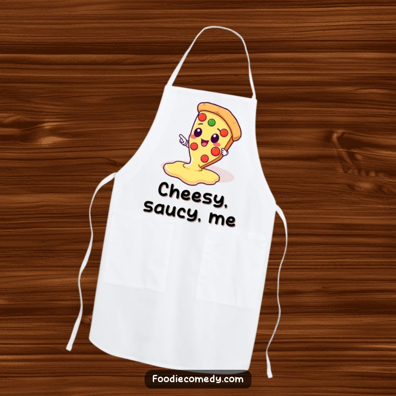 Funny apron with a kawaii pizza slice character enthusiastically pointing at a decadent pool of cheese, ideal for cooking.