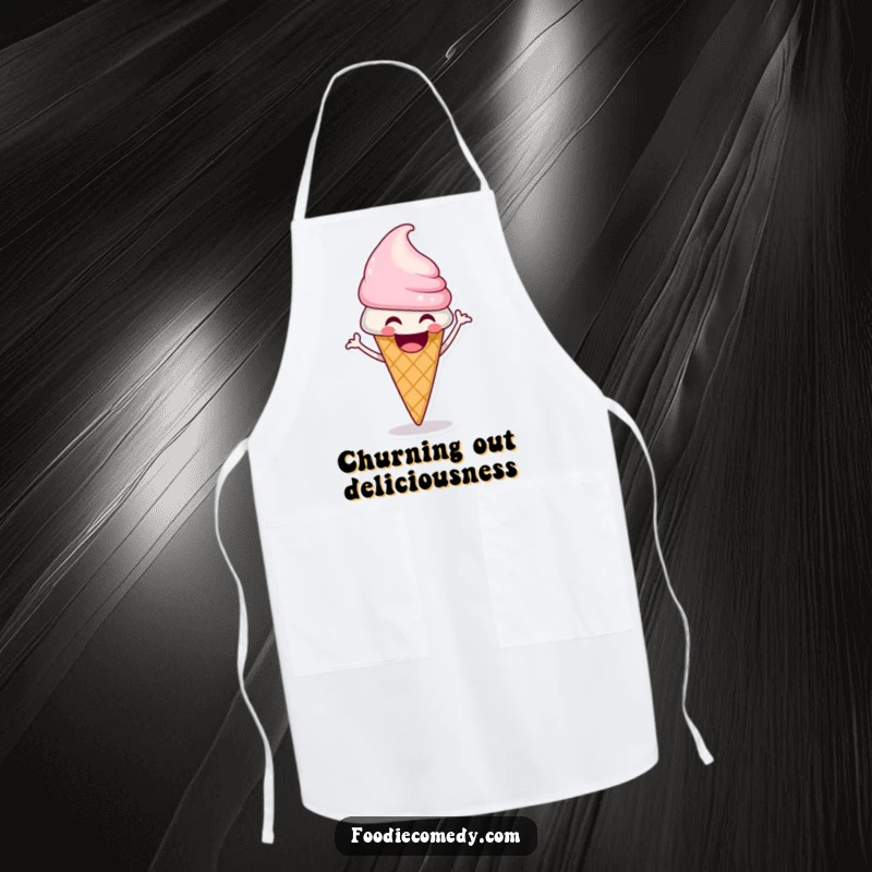 Funny ice cream cone apron with a laughing character doing a funky shimmy, perfect for kitchen fun.