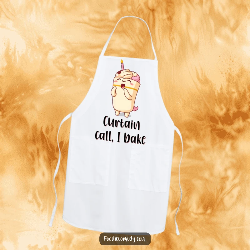 Funny apron featuring a kawaii cake character taking a dramatic opera bow, ideal for cooking with theatrical flair.