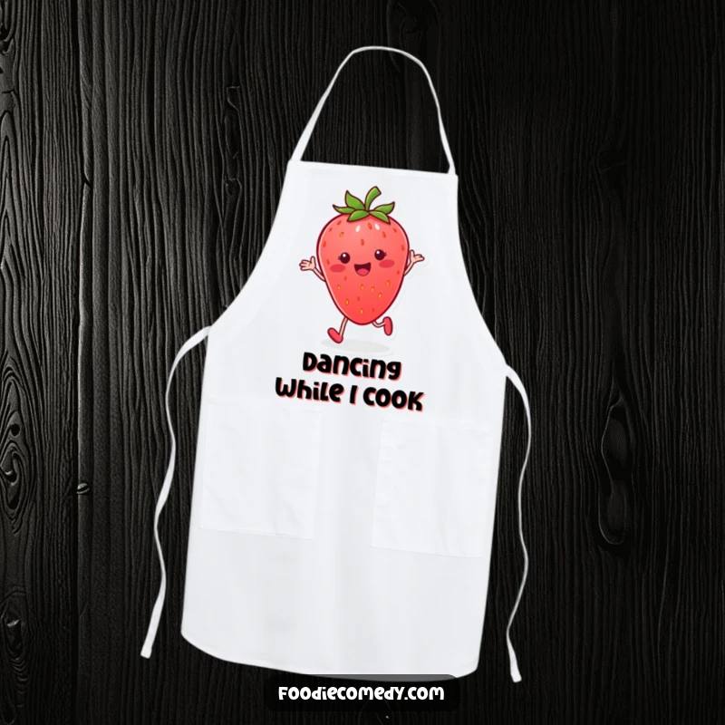 Funny strawberry apron, smiling and performing a rhythmic tap dance, for kitchen fun and dance-themed cooking.