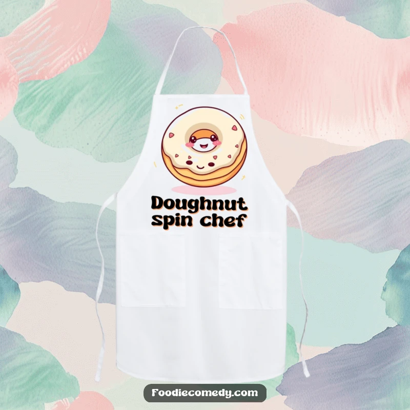 Funny donut apron showing a smiling donut spinning rapidly, perfect for baking and kitchen fun.