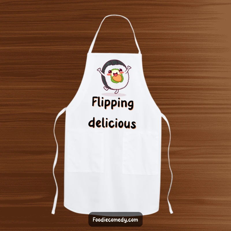 Funny sushi roll apron designed for cooks, featuring a cheerful character doing a cartwheel, ready for kitchen duty.