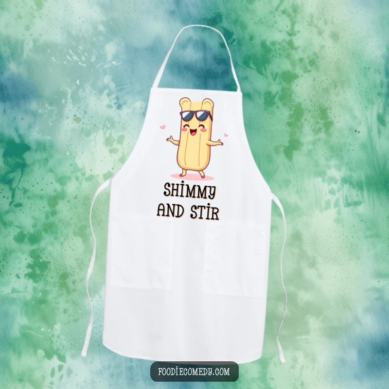 Funny apron featuring a delighted baguette grooving with a shimmy, making kitchen tasks more enjoyable and stylishly humorous.