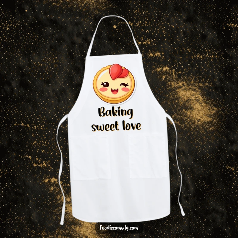 Funny blushing fruit tart apron for baking, a delighted dessert character ready for kitchen fun.