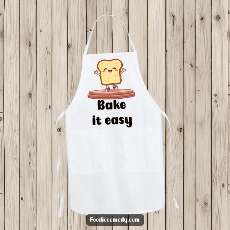 Funny bread apron showing a giggling, stylized piece of bread wearing tiny sneakers and hopping on a stage, ideal for culinary fun.