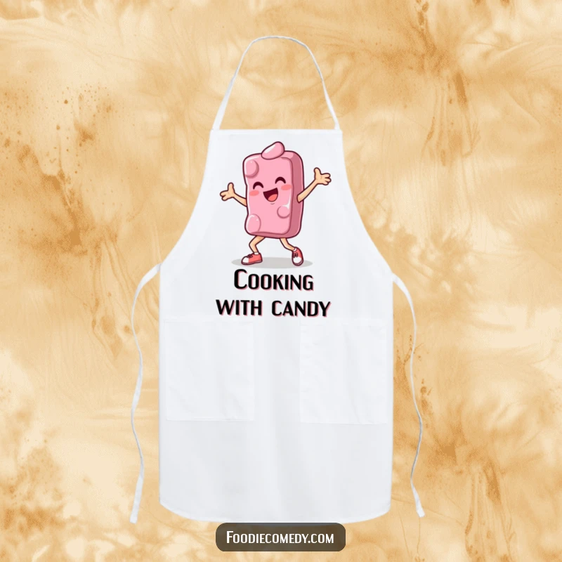 Funny cooking apron with a graphic of a happy candy performing a breakdance move, perfect for a fun and clean culinary experience.
