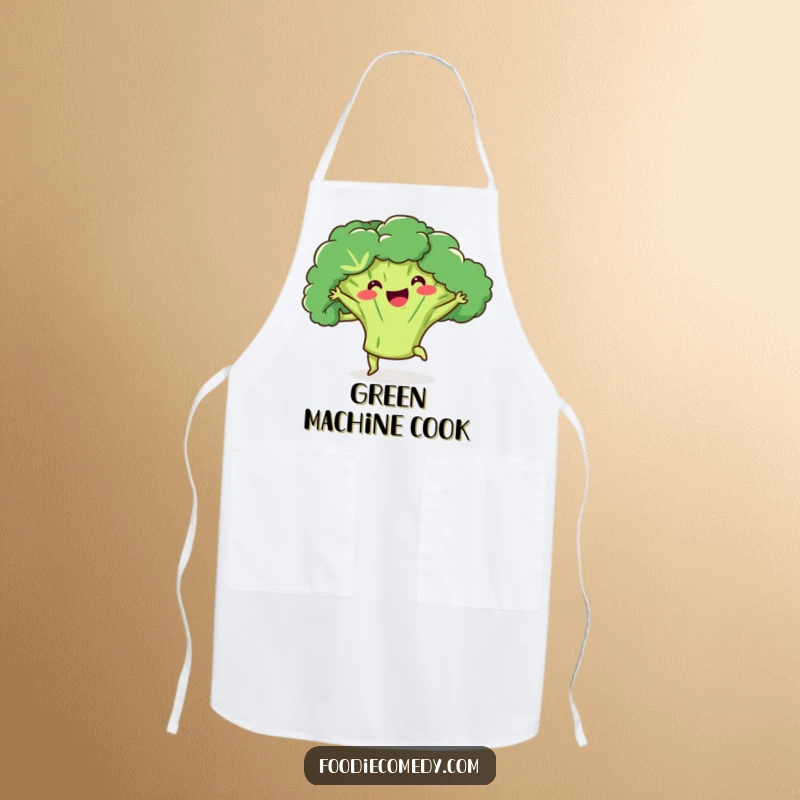Funny broccoli apron showing a happy broccoli doing a kick-ball-change, perfect for cooking and healthy eating.