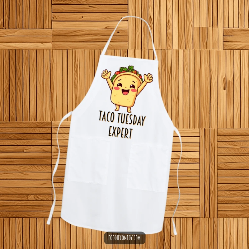 A dynamic taco, arms raised, showering spicy salsa, on a functional and humorous apron for the kitchen.