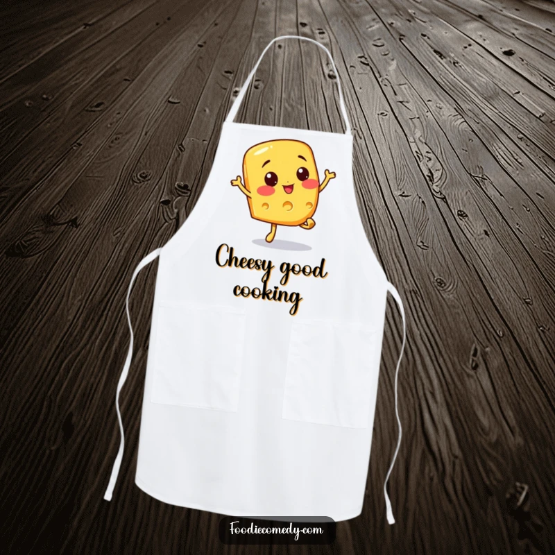 Funny apron featuring a cheerful cheese slice character in a playful bouncy hop pose. Great for kitchen fun.