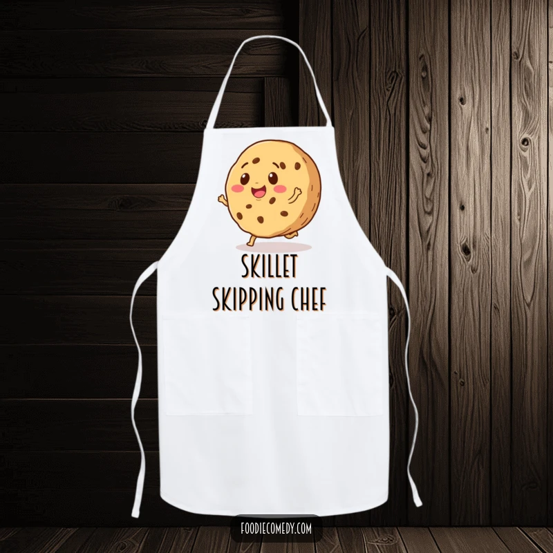 Funny apron featuring a smiling cookie doing a happy little skip, perfect for kitchen tasks with a dose of sweet humor.