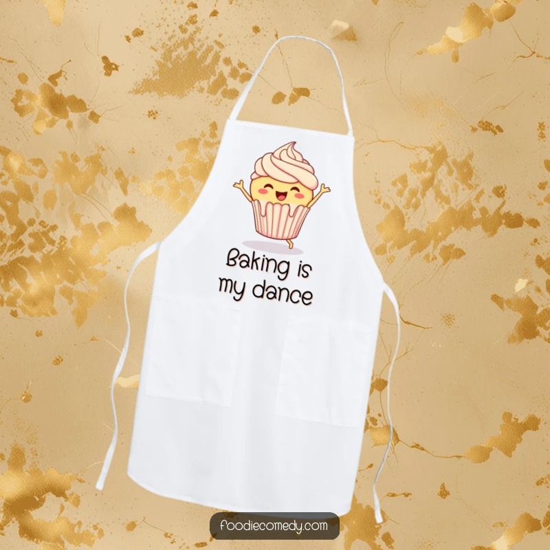 Funny Cupcake Apron: A cheerful cupcake with dripping frosting doing a joyful jig, ready for sweet culinary creations.