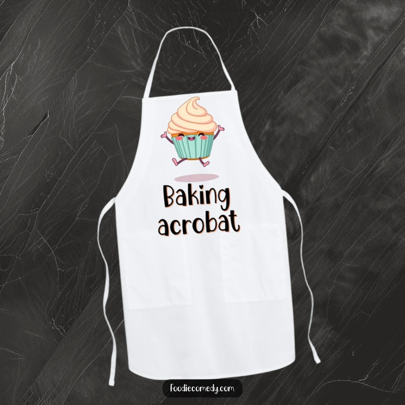 Funny Cupcake Cartwheel Apron showing a happy dessert doing a cartwheel, ideal for baking and kitchen fun.