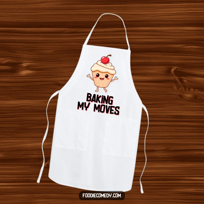 Funny apron showcasing a smiling cupcake with a cherry on top, doing a lively dance while protecting your clothes.