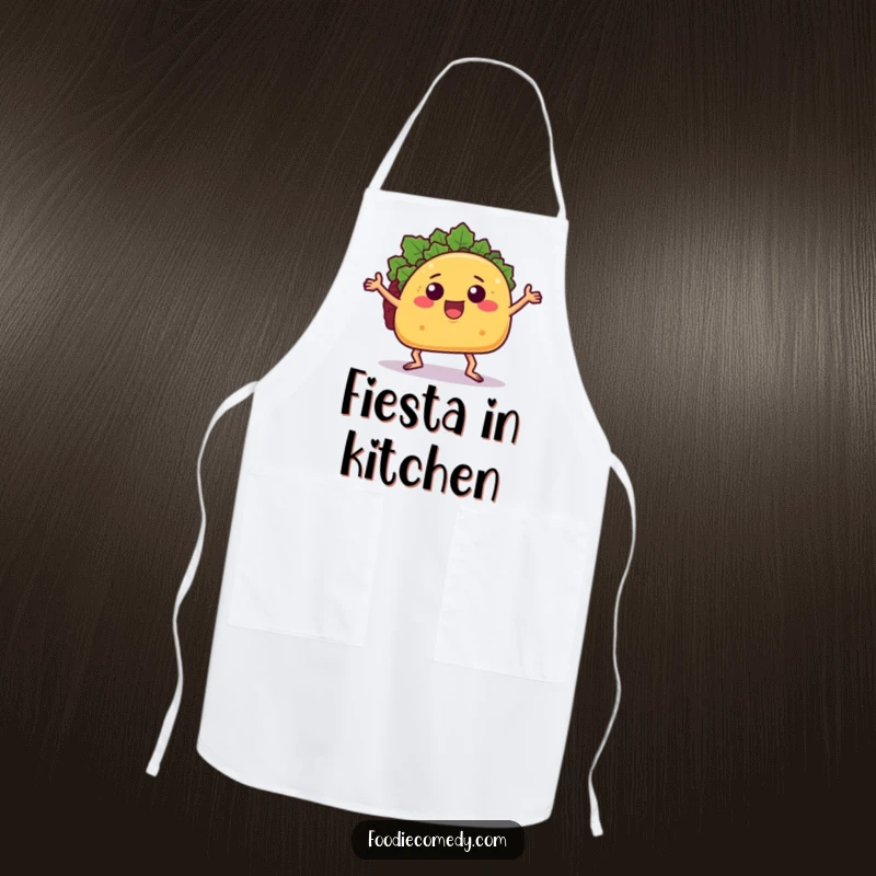 Funny taco chef apron with a dancing taco, bringing humorous food and dance vibes to the kitchen.
