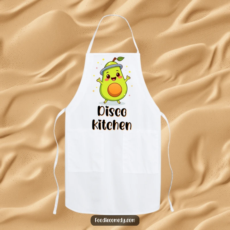Funny delighted avocado doing a disco spin on a kitchen apron, a groovy and stylish accessory.