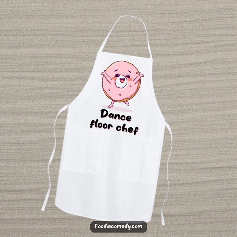 Funny donut breakdancing character on a kitchen apron, a humorous and practical cooking accessory.