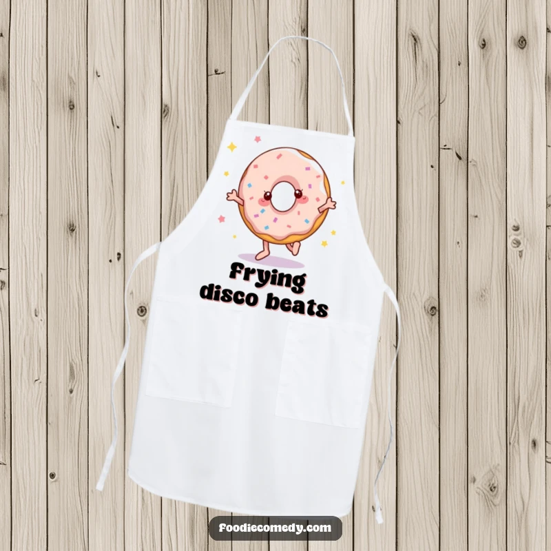 Funny apron featuring a donut masterfully disco dancing while cooking, adding a hilarious and practical touch to the kitchen.