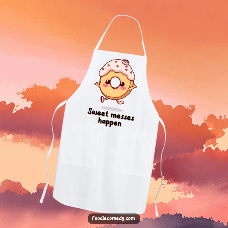 Funny donut apron with frosting hair, designed for cheerful baking and kitchen fun.