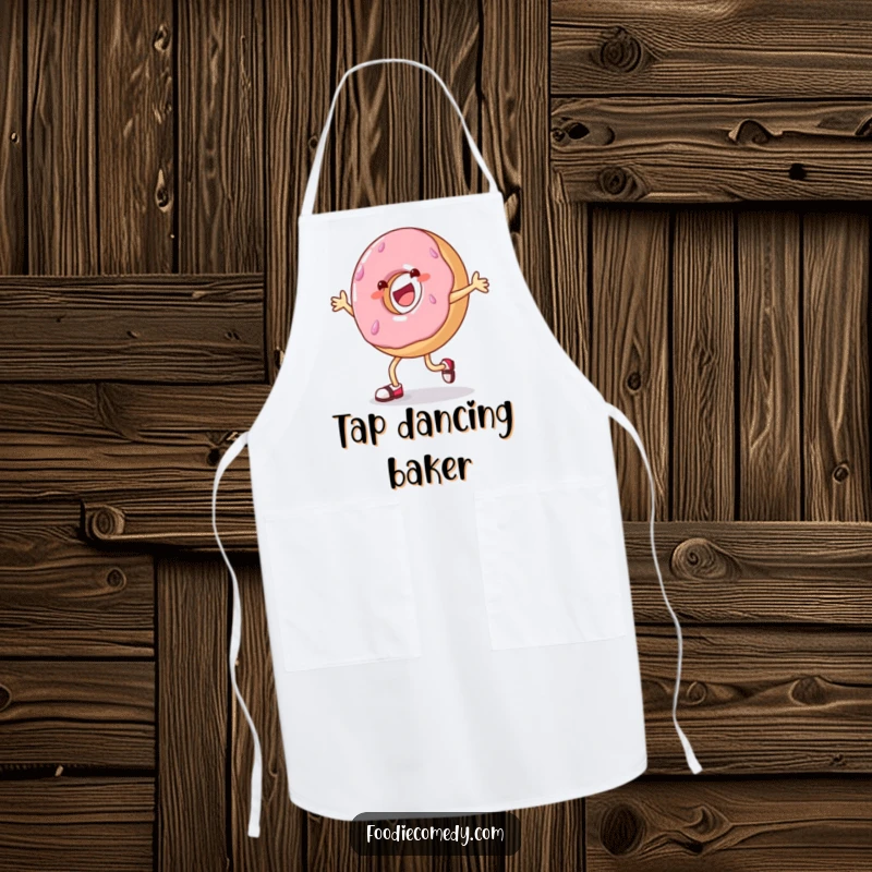 Funny donut tap dance apron, cheerful donut character dancing, cute and functional kitchen wear.
