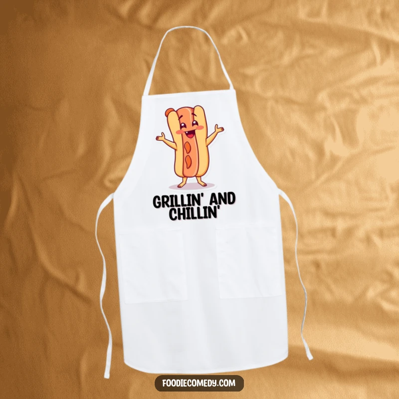 Funny hot dog character doing the Charleston on an apron, making kitchen duty a fun and humorous experience.