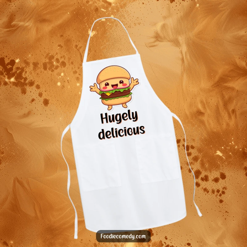 Funny happy burger apron for cooking, a character with open arms ready to embrace kitchen fun.