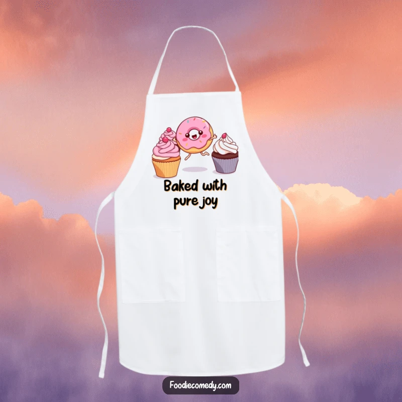 Funny Kawaii Donut Apron: A charming apron with a cute, leggy donut joyfully leaping between cupcakes, making kitchen tasks humorous and delightful.