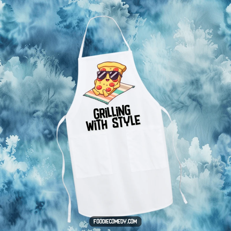 Funny Kawaii Pizza Sunglasses Apron: A kitchen apron showcasing a cool pizza slice with sunglasses lounging on a beach towel, adding humorous flair to cooking.