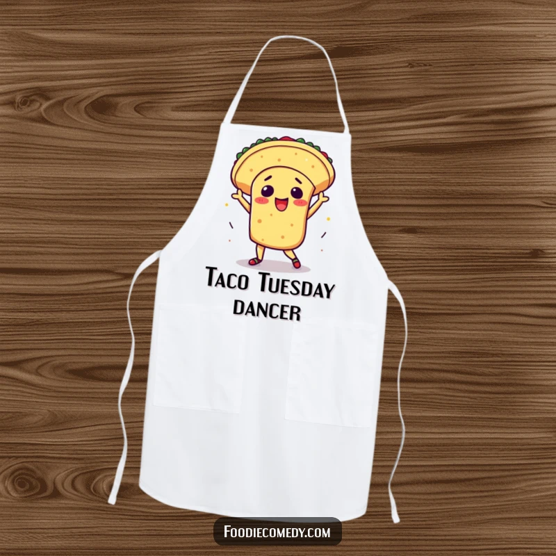 Funny kawaii taco apron, cooking attire with an excited taco doing a flamboyant salsa dance, food humor, cute baking accessory, perfect funny gift for cooks.
