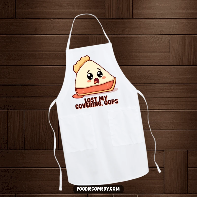 Funny apron showing a pie slice looking surprised after losing its crust, great for cooks.