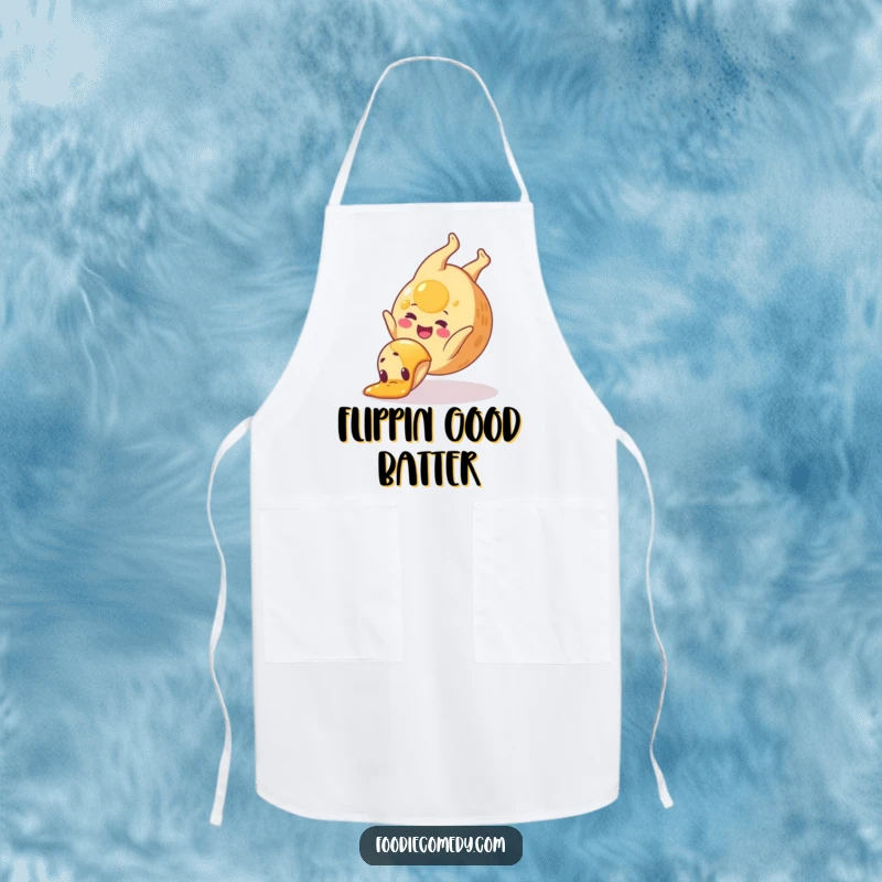 Funny pancake apron showing a happy pancake doing a syrup somersault, the perfect kitchen accessory for foodies.