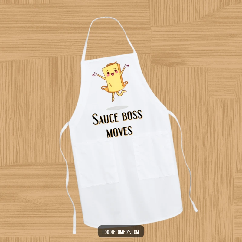 Funny pasta apron illustrating a piece of pasta performing a determined ballet leap, perfect for culinary artists with a passion for performance.