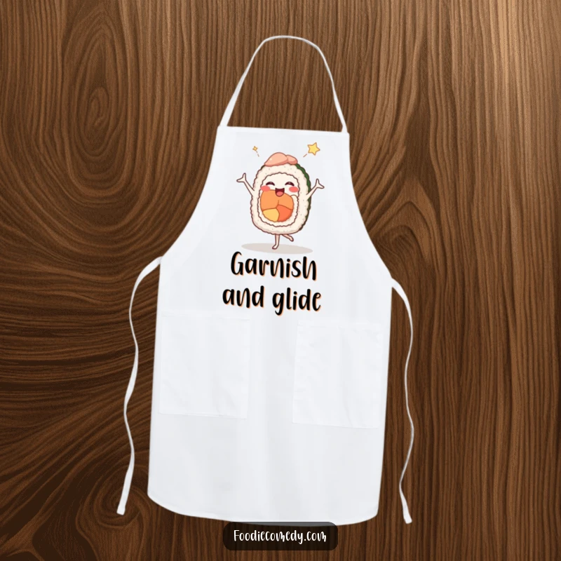 Funny apron with a joyful sushi roll in a comedic ballet pose, ready to add humor to any cooking adventure.