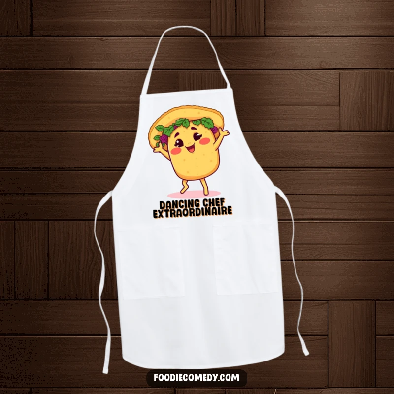 Funny taco apron, humorously doing a lively salsa dance with a wink, for kitchen fun and flair.