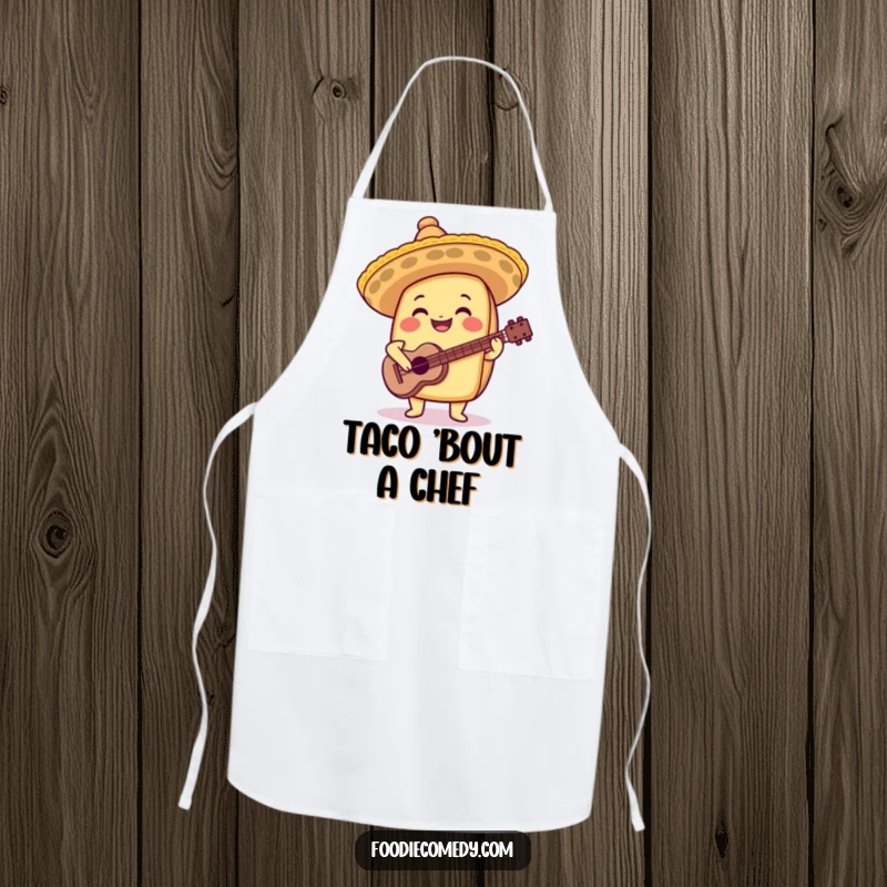 Funny taco apron with a sombrero and guitar, designed for festive cooking and culinary flair.