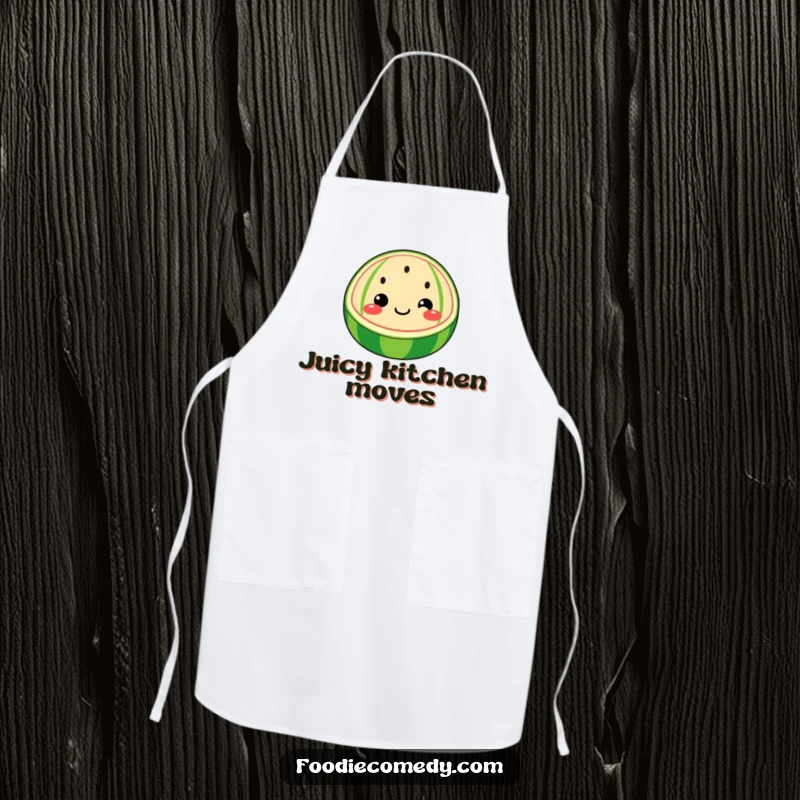 Funny watermelon apron showing a whimsical watermelon slice with a face wiggling its seeds, ideal for kitchen humor.