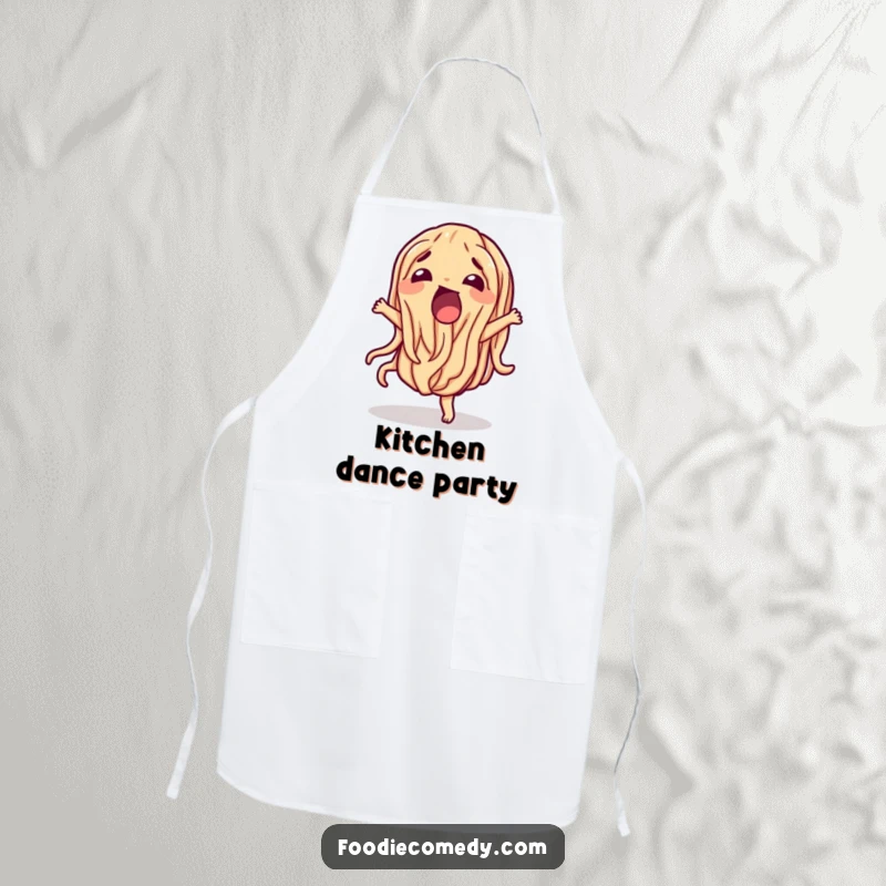 Funny wiggling noodle apron for cooking, a dancing pasta character ready for kitchen fun.