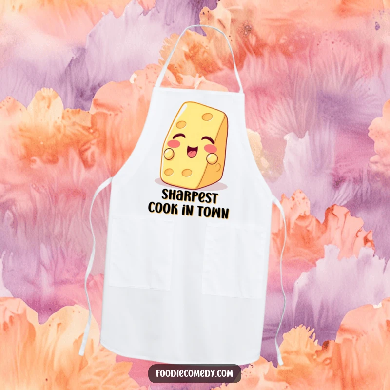 Funny apron showing a piece of cheese winking with a cracker, great for adding fun to cooking.