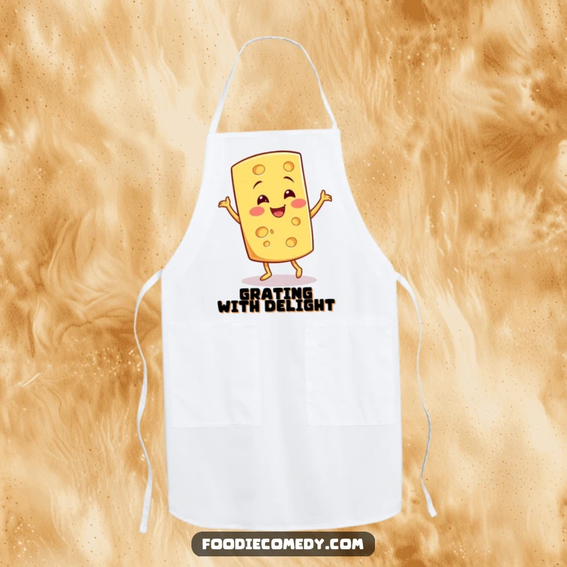 Funny Cheese Jig Apron: A cheese wedge jigging makes this a humorous and practical kitchen accessory.