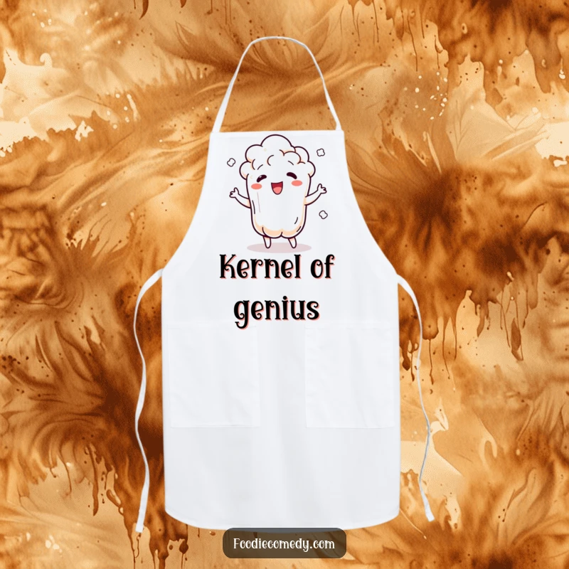 Funny popcorn apron showing a dancing popcorn kernel popping and jiggling with rhythm, ideal for kitchen humor.