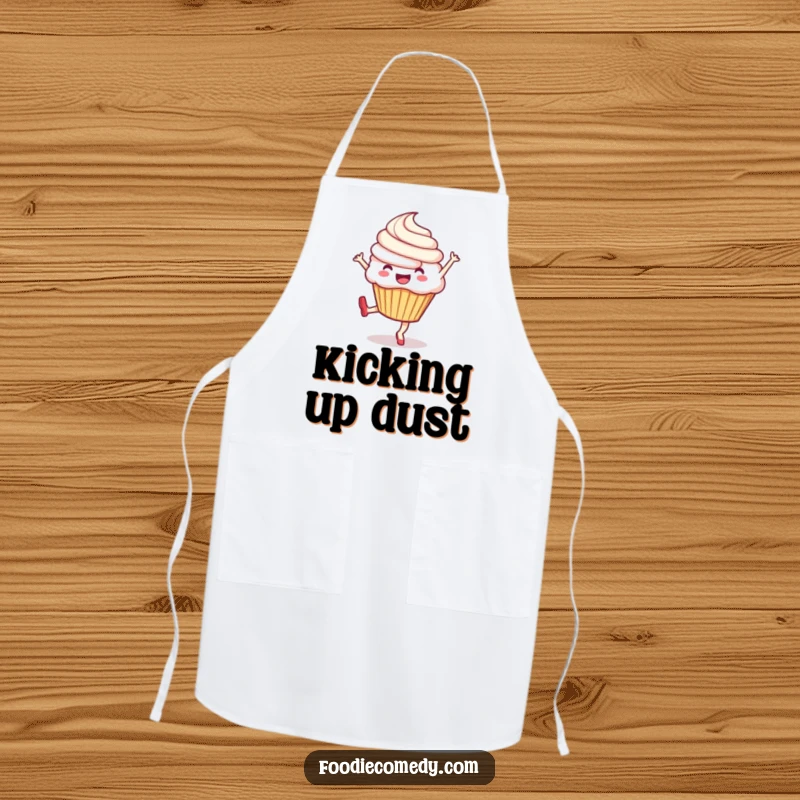 Funny apron featuring an exuberant cupcake in mid-kick, making kitchen tasks more enjoyable and humorous, a great gift.