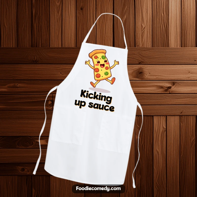 Funny apron featuring a pizza slice doing energetic kicks, making cooking or grilling a hilarious and fun activity.